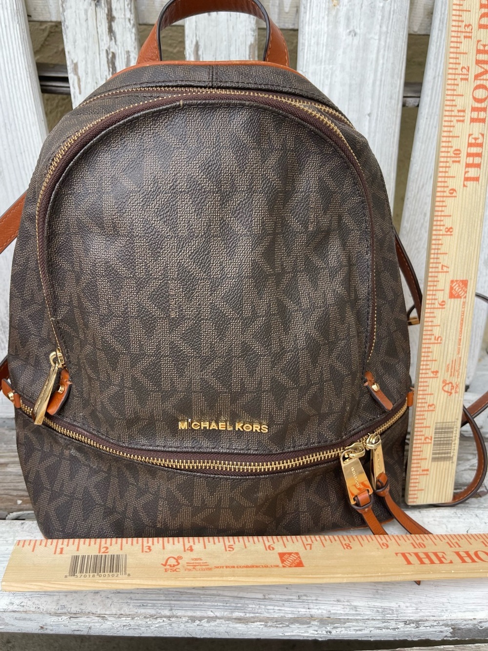 Michael Kors Rhea Medium Backpack Brown Acorn MK Logo Print Gold Zippers - Picture 5 of 7